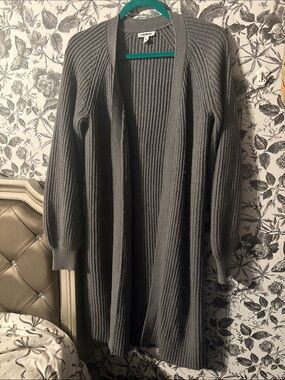 Express Long Ribbed Open-Front Cardigan in Gray